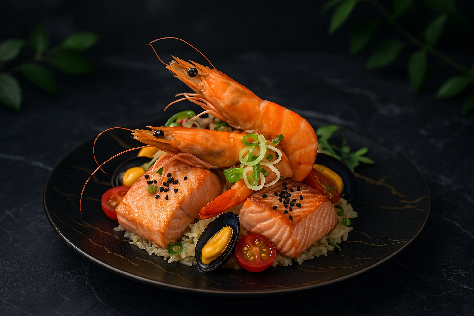 Assiette crevette, saumon, moules et riz