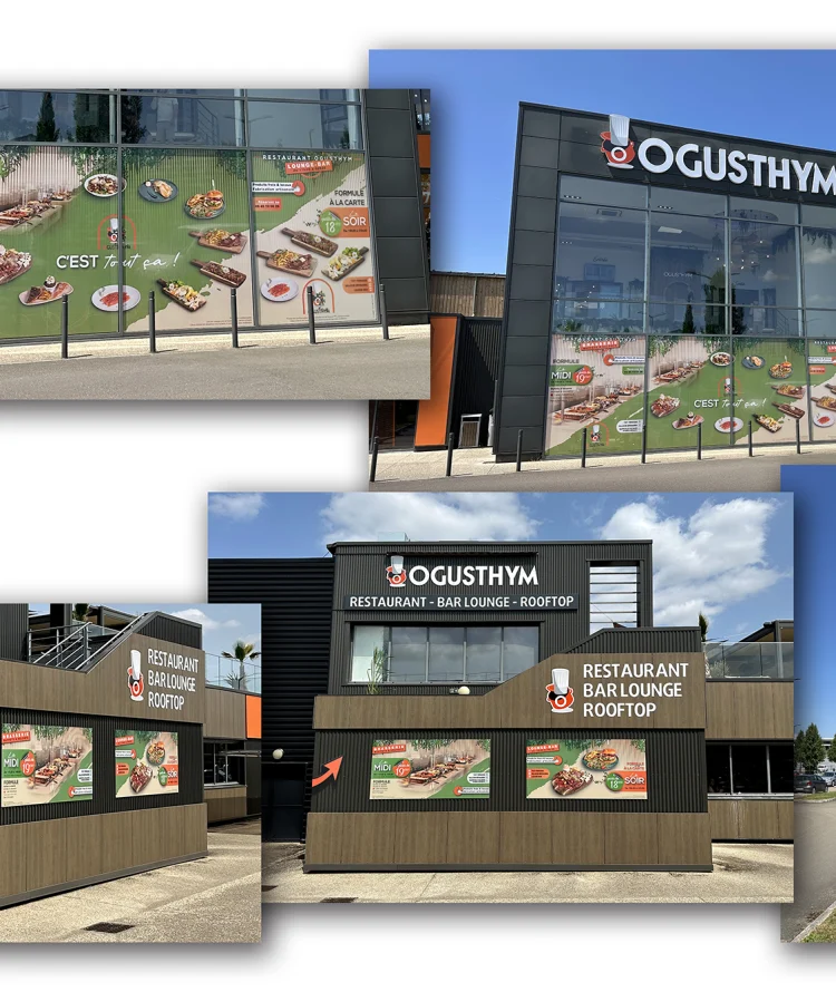 Signalétique extérieure restaurant Ogusthym - micro-perforé, adhésif, dibond